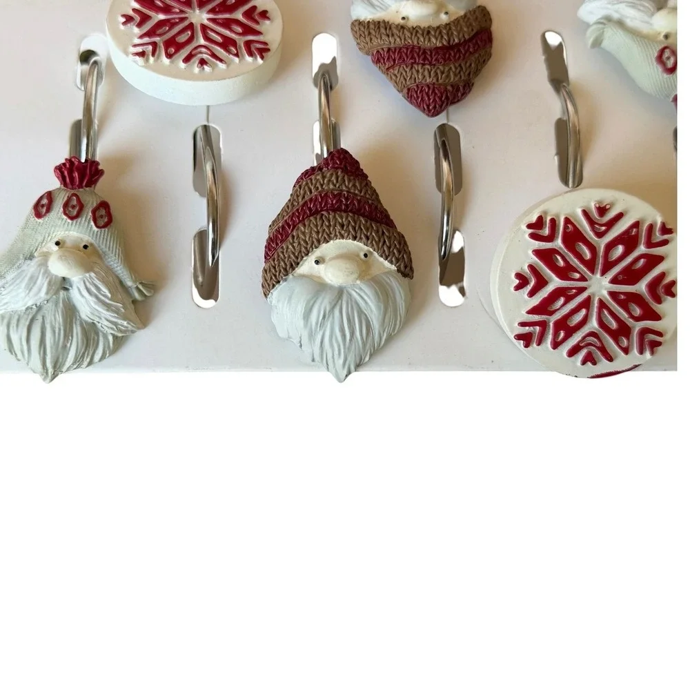 Christmas Shower Curtain Hooks Set of 12 Santa Gnome Snowflake Rustic Holiday